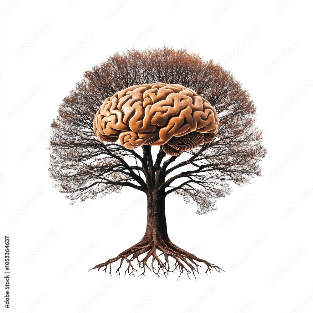 Poster a surreal image of a tree with intertwining branches and a brain as its trunk, symbolizing the conne