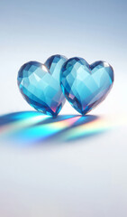 Two transparent blue hearts lie side by side on a light background, with their surfaces reflecting light and creating colorful reflections on the surface beneath.