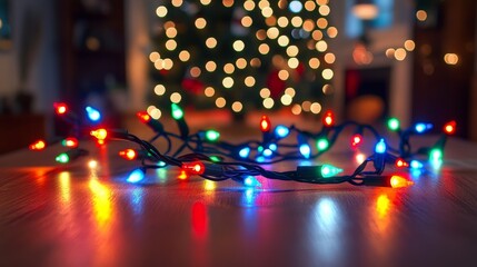 Colorful Christmas lights framing white wood background