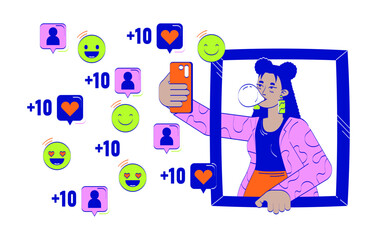 Latina girl taking selfie for social media doodle illustration concept. Gum bubble influencer gen z. Hispanic young woman smartphone cartoon 2D character isolated on white. Hand drawn vector drawing