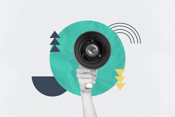 Composite photo collage of hand hold wireless loudspeaker device promote information announcement...
