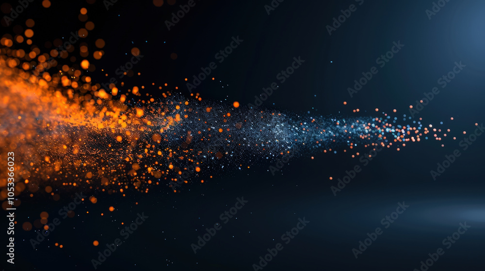 Poster stunning explosion of soft orange and teal particles against dark background, creating mesmerizing visual effect that captivates viewers attention