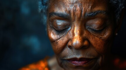 An elderly woman sits in quiet contemplation, her face illuminated by soft light. The intricate details of her features reveal a life rich in experience and emotion, evoking a sense of introspection.