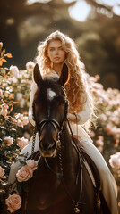 Obraz premium beautiful woman with long blonde curly hair and blue eyes is riding a horse through a beautiful rose garden