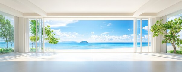 A bright, airy interior opens to a stunning ocean view, framed by greenery and a clear blue sky, creating a serene and inviting atmosphere.