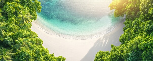 A serene beach scene framed by lush greenery and calm turquoise waters, inviting relaxation and escape.