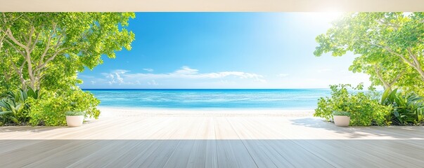 A bright, serene beach view with azure waters, golden sands, and vibrant greenery, creating a tranquil and inviting atmosphere.