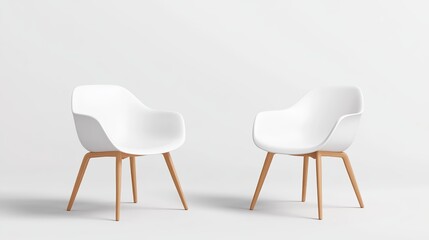 Two modern white chairs with wooden legs positioned facing each other against a minimalist backdrop.