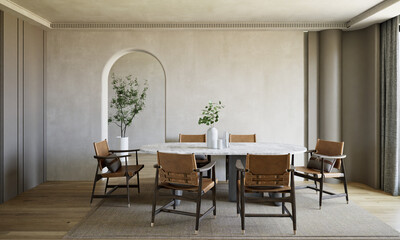 A minimalist dinning room mockup featuring a clean table and chairs
