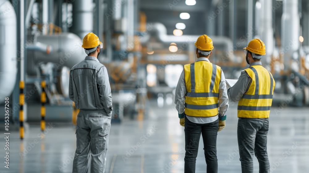 Aufkleber team of engineers wearing protective suits and helmets, discussing plans in industrial setting. thei