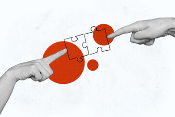 Creative collage picture human hands body fragment touch connection bonding puzzle match complete...
