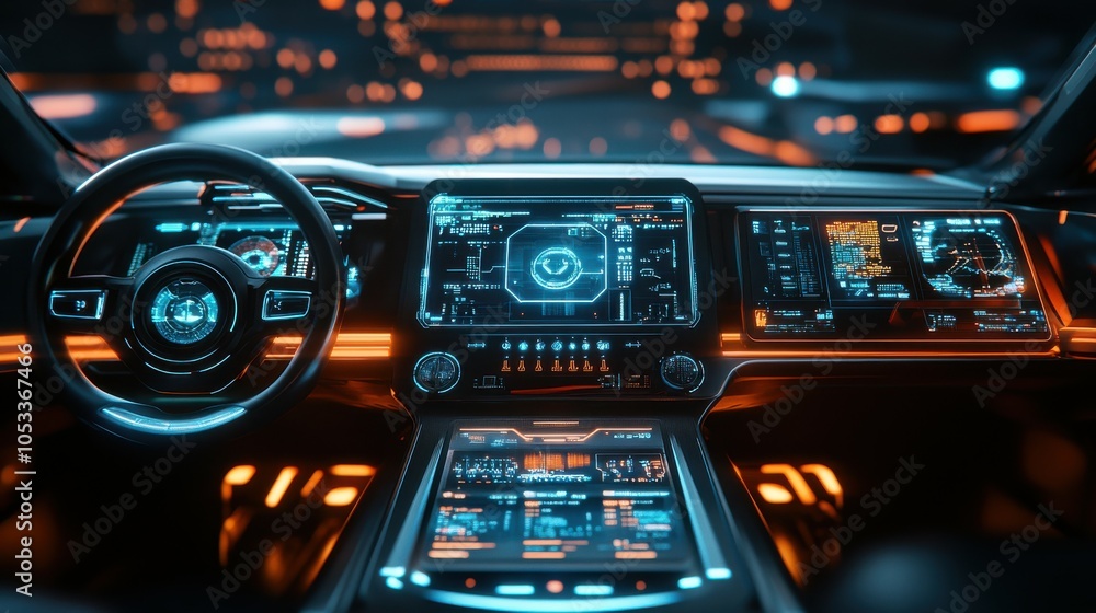 Poster futuristic vehicle control center with digital interfaces.