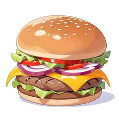 A towering double cheeseburger awaits on a white background