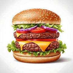 A towering double cheeseburger awaits on a white background