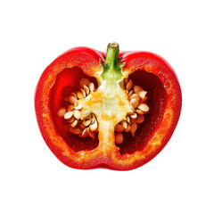a sliced bell pepper, revealing seeds inside, vibrant red, isolated on white background