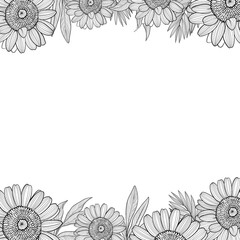 Obraz premium Square frame with sunflower illustration in line art style, digital painting.