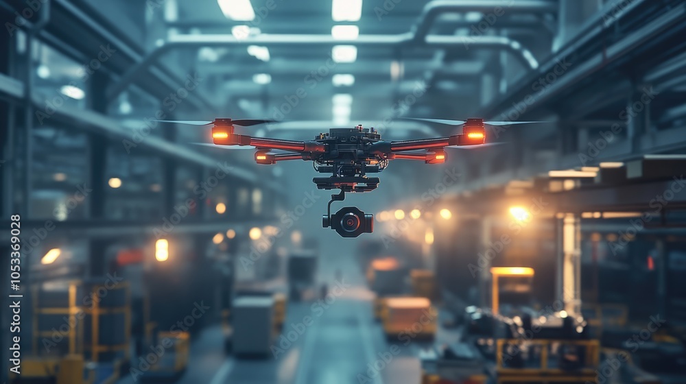 Poster drone hovering in industrial setting