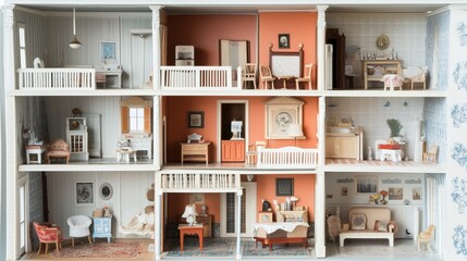 Dollhouse intricate details miniature furniture tiny rooms creative children. AI generated