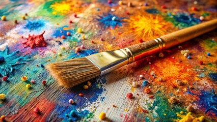 Obraz premium Artistic palette with vibrant paint splashes and brush, colorful creative background, copy space for design