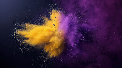 Vibrant yellow and purple powder dust explosion creates stunning visual effect against dark background, showcasing dynamic movement and energy