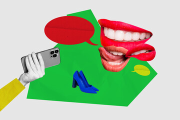 Composite photo collage of hand hold phone device online shopping black friday mouth smile lips...