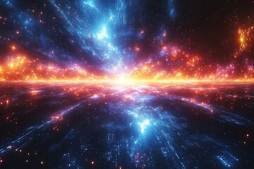 Fototapeta premium Abstract digital art with a glowing horizon and star-like lights in blue and orange hues.