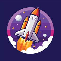 Obraz premium A cartoon rocket blasts off into space, leaving a trail of flames behind it. The rocket is surrounded by clouds and stars.