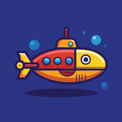 A cartoon submarine with a red and yellow body is surrounded by blue bubbles.