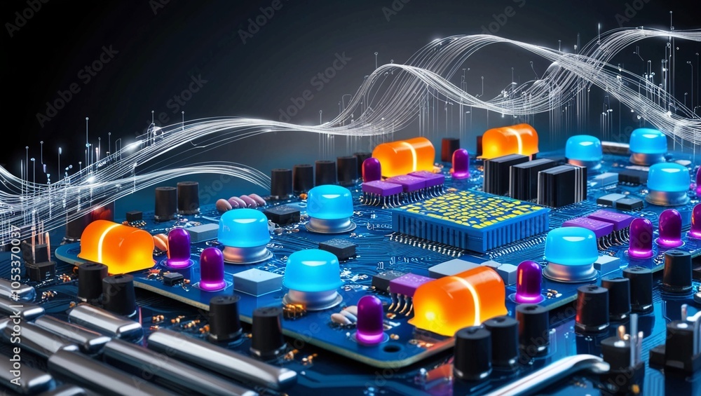 Poster close-up of an intricate black and gold circuit board design, showcasing the complexity of modern co