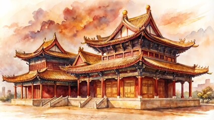 Obraz premium Traditional Asian architecture watercolor painting, intricate temple design against dramatic sky