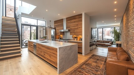 Fototapeta premium Open-concept kitchen with clean lines, sleek appliances, and a minimalist design aesthetic.