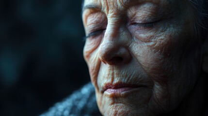 Obraz premium An elderly woman sits in quiet contemplation, her face illuminated by soft light. The intricate details of her features reveal a life rich in experience and emotion, evoking a sense of introspection.