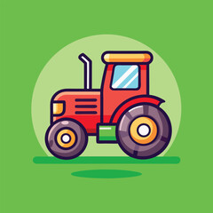 A cartoon illustration of a red tractor on a green field, perfect for representing farming or agriculture.