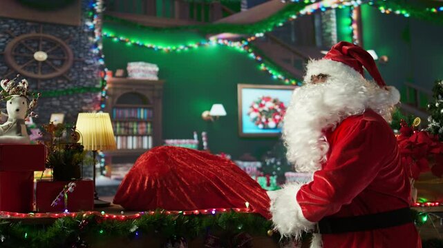African american tying his red sack full of Christmas presents, getting ready for his journey around the world to deliver gifts to children. Saint Nick spreading the holiday x mas bag. Camera B.