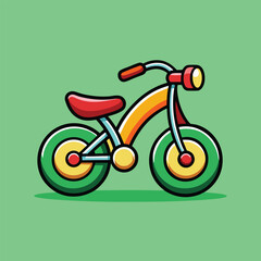 A colorful cartoon illustration of a kids bike with a bright yellow frame, red seat, and green wheels.