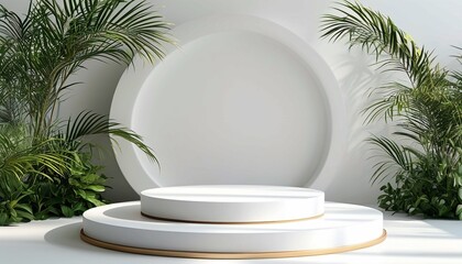 elegant presentation podium with potted plants and white background suited for organic branding