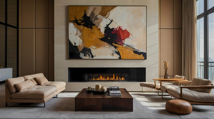 Close-Up Of Modern Art Apartment With Abstract Painting And Minimalist Fireplace

