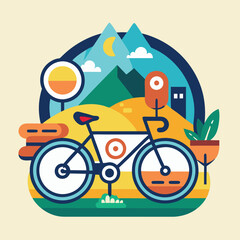 A colorful illustration of a bicycle parked in a scenic mountain landscape.