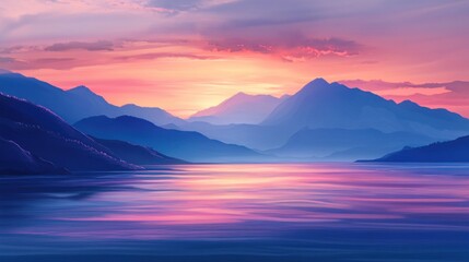 Serene sunset over mountains reflecting on a tranquil lake.