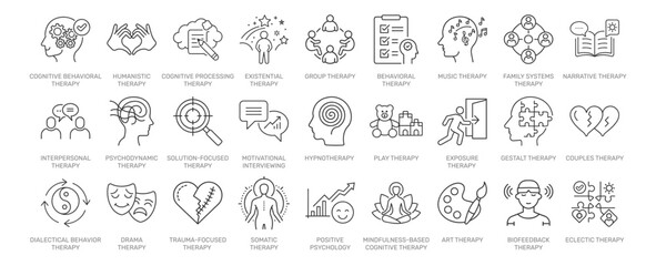 Psychotherapy Types line icon set. Vector pictograms of therapy methods, approaches, mental health treatments, cognitive, behavioral, humanistic, positive psychology gestalt thin linear illustration.