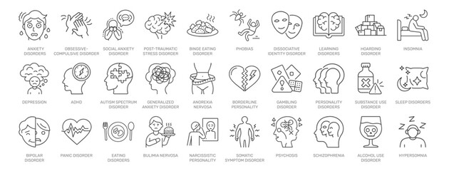 Mental Disorders line icon set. Vector pictograms of health conditions, anxiety, depression, ADHD, OCD, PTSD, autism spectrum, insomnia, phobias, borderline personality thin linear illustration.