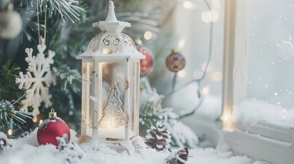 Christmas_Lantern_On_Snowy_Table_With
