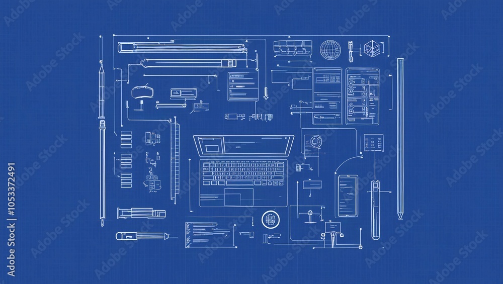 Poster blueprint style design with technical drawing elements in white on a blue background, ideal for engi