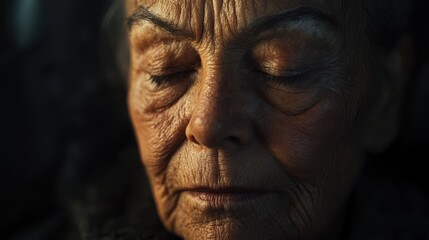 Fototapeta premium An elderly woman sits in quiet contemplation, her face illuminated by soft light. The intricate details of her features reveal a life rich in experience and emotion, evoking a sense of introspection.