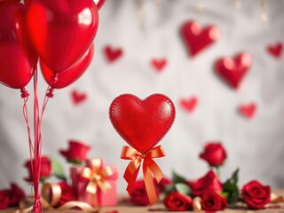 Obraz premium A pair of red heart-shaped balloons tied together with a golden ribbon, against a blurred background of roses and chocolates, decoration, symbol, red