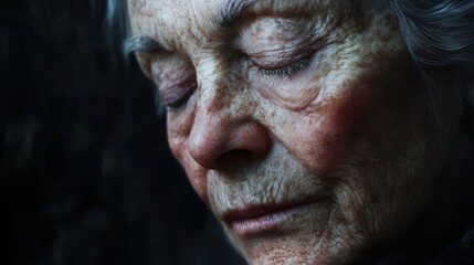 Obraz premium An elderly woman sits in quiet contemplation, her face illuminated by soft light. The intricate details of her features reveal a life rich in experience and emotion, evoking a sense of introspection.