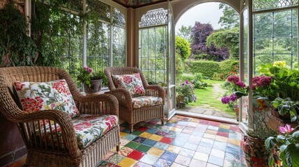 Obraz premium A charming Victorian sunroom with wicker chairs
