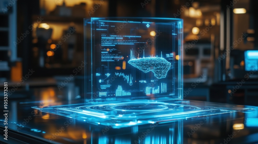Poster holographic projector displaying 3d models.