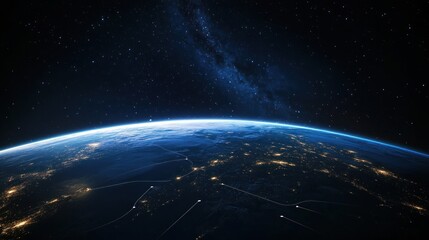 Obraz premium A stunning view of Earth from space, showcasing city lights and the Milky Way.