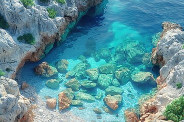 Aerial view lagoon surrounded green islands and coral reefs sandbar